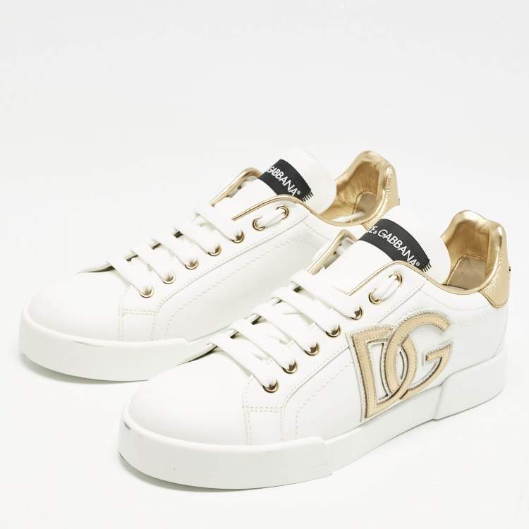 Pre Owned Dolce & Gabbana White/Gold Leather Portofino DG Logo Sneakers Size 39