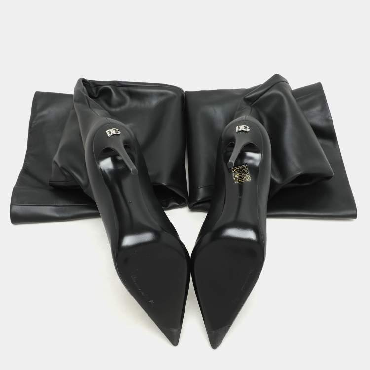 Pre Owned Dolce & Gabbana Black Leather Over Knee Boots with Garter Belt Size 39