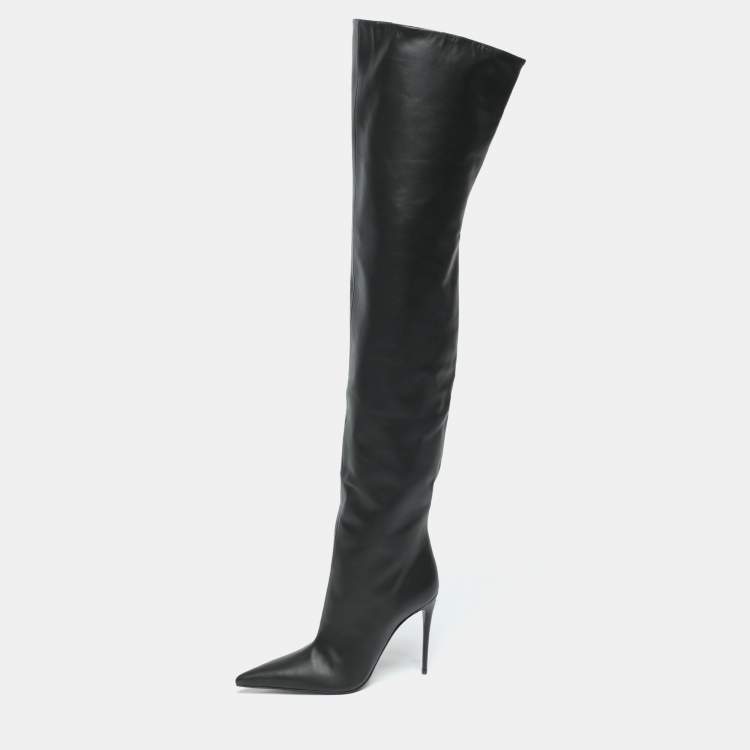 Pre Owned Dolce & Gabbana Black Leather Over Knee Boots with Garter Belt Size 39