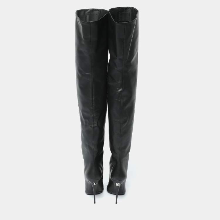 Pre Owned Dolce & Gabbana Black Leather Over Knee Boots with Garter Belt Size 39