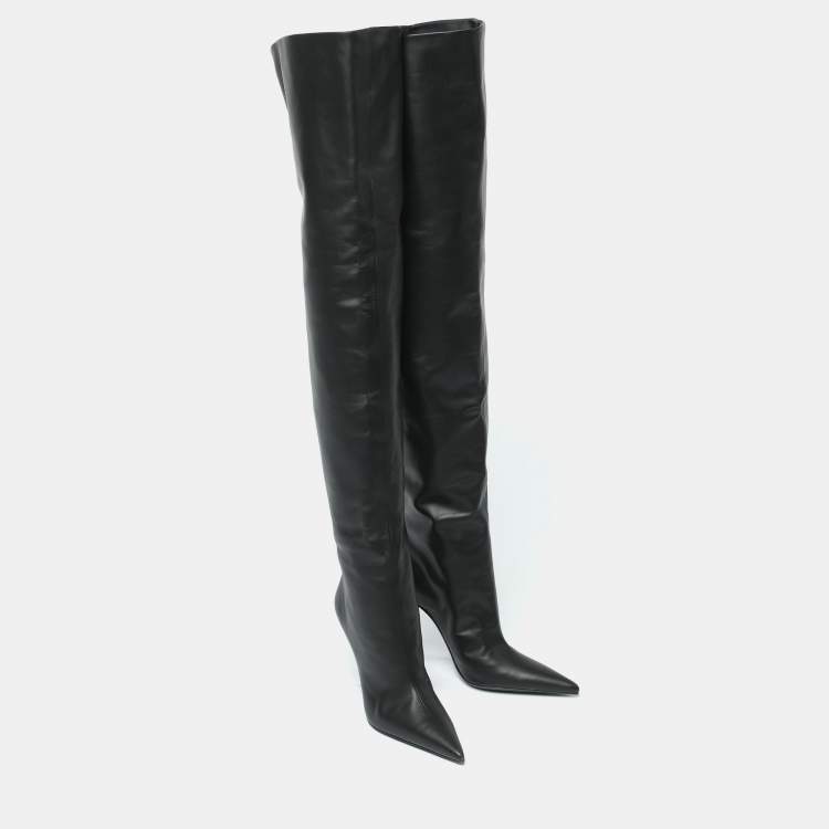 Pre Owned Dolce & Gabbana Black Leather Over Knee Boots with Garter Belt Size 39