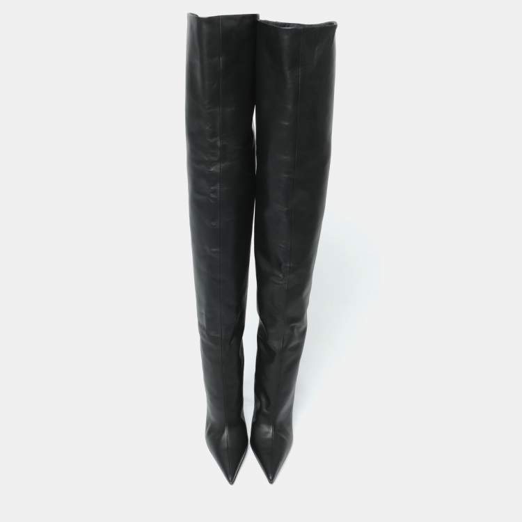 Pre Owned Dolce & Gabbana Black Leather Over Knee Boots with Garter Belt Size 39