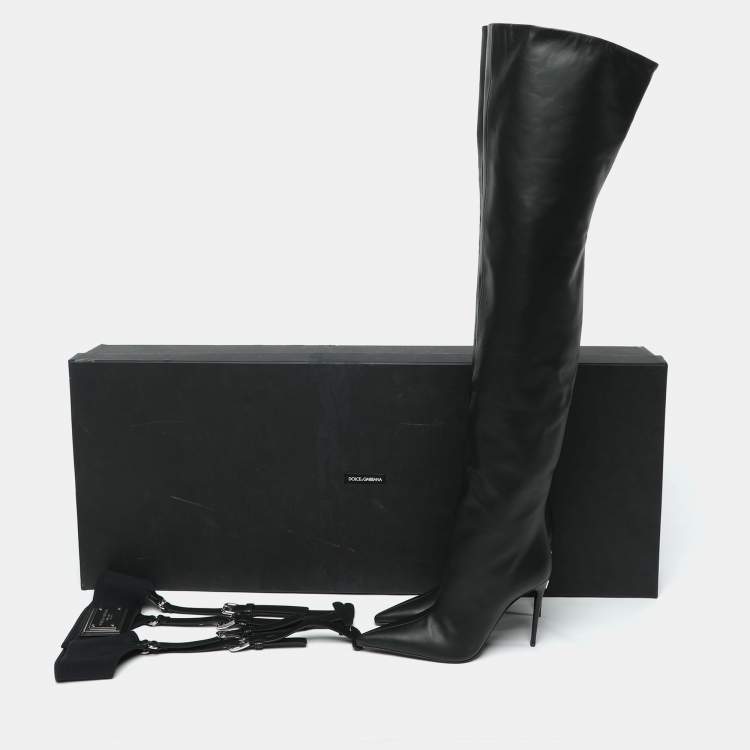 Pre Owned Dolce & Gabbana Black Leather Over Knee Boots with Garter Belt Size 39