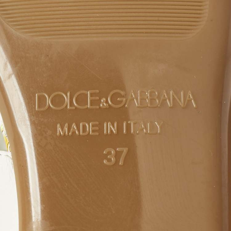 Pre Owned Dolce & Gabbana Yellow/White Majolica Print Leather Flat Sandals Size 37