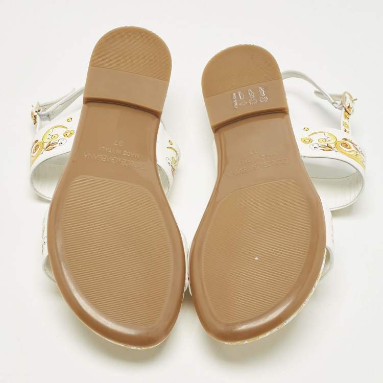 Pre Owned Dolce & Gabbana Yellow/White Majolica Print Leather Flat Sandals Size 37