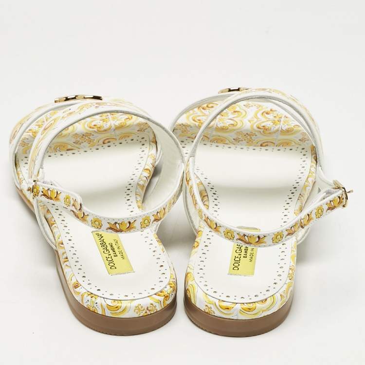 Pre Owned Dolce & Gabbana Yellow/White Majolica Print Leather Flat Sandals Size 37