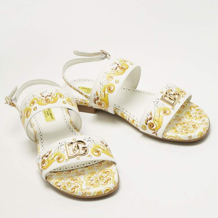 Pre Owned Dolce & Gabbana Yellow/White Majolica Print Leather Flat Sandals Size 37