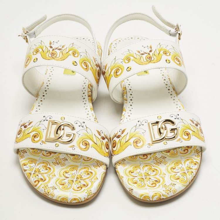 Pre Owned Dolce & Gabbana Yellow/White Majolica Print Leather Flat Sandals Size 37