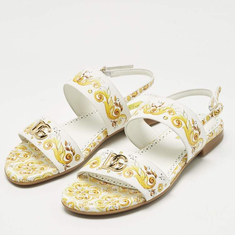 Pre Owned Dolce & Gabbana Yellow/White Majolica Print Leather Flat Sandals Size 37