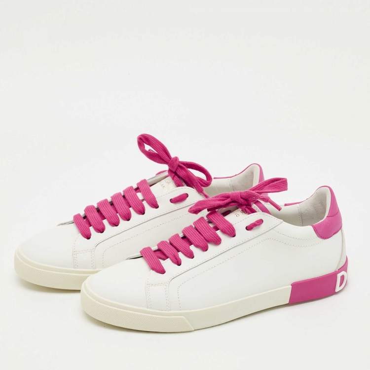 Pre Owned Dolce & Gabbana White/Pink Leather Portofino Low Top Sneakers Size 39