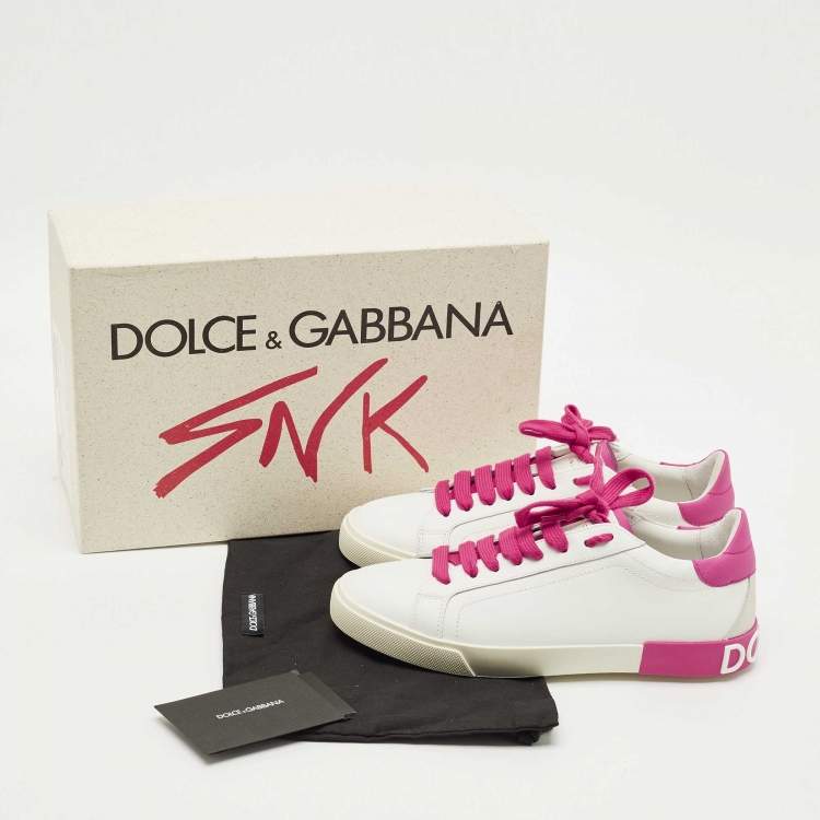 Pre Owned Dolce & Gabbana White/Pink Leather Portofino Low Top Sneakers Size 39