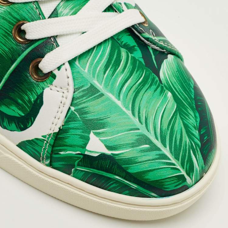 Pre Owned Dolce & Gabbana Green/White Leather Banana Leaf Print Low Top Sneakers Size 39