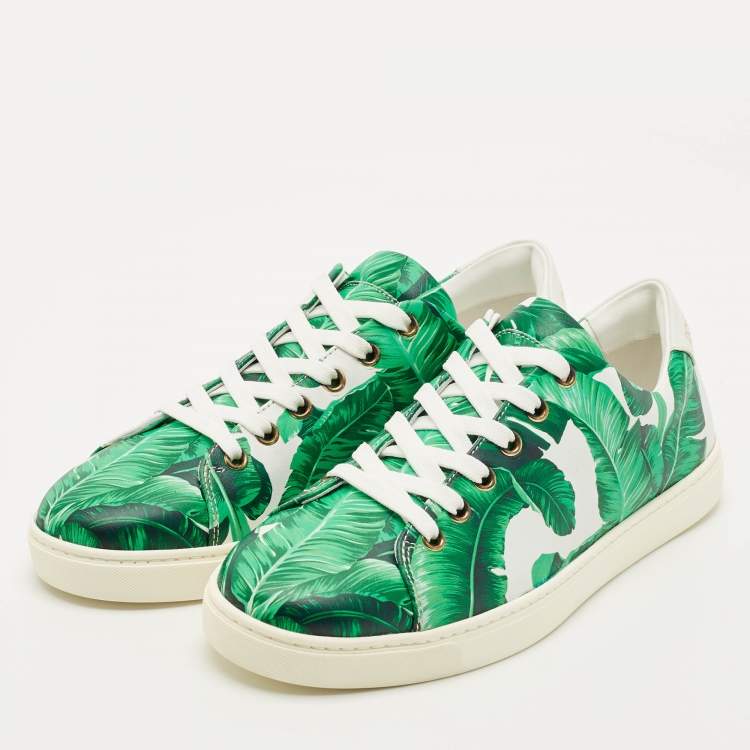 Pre Owned Dolce & Gabbana Green/White Leather Banana Leaf Print Low Top Sneakers Size 39