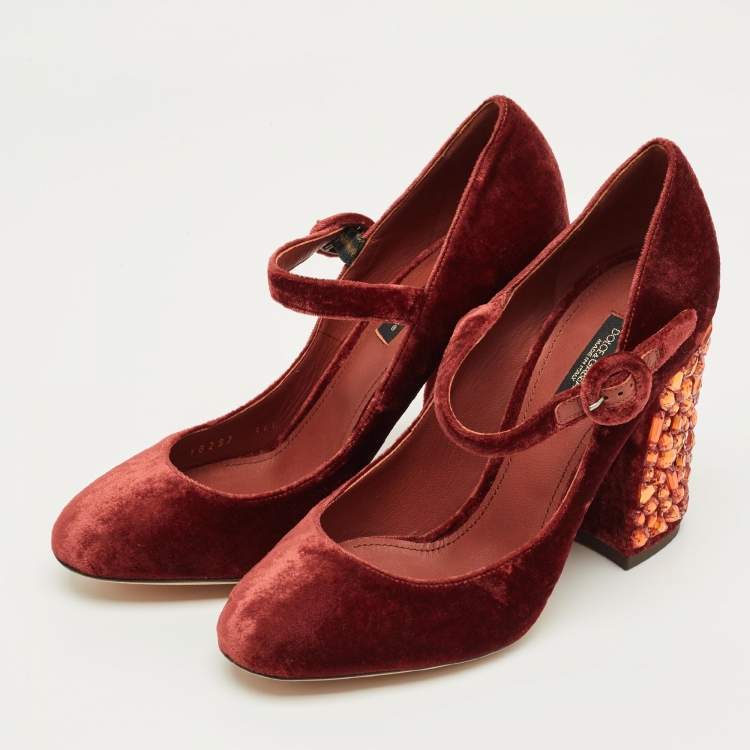 Pre Owned Dolce & Gabbana Burgundy Velvet Crystal Embellish Block Heel Pumps Size 36.5