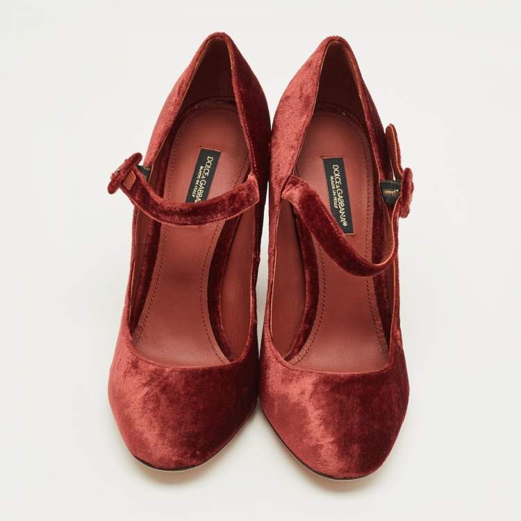 Pre Owned Dolce & Gabbana Burgundy Velvet Crystal Embellish Block Heel Pumps Size 36.5