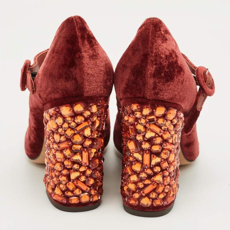 Pre Owned Dolce & Gabbana Burgundy Velvet Crystal Embellish Block Heel Pumps Size 36.5