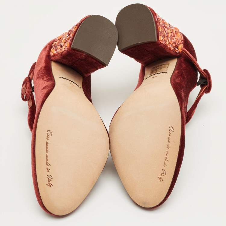 Pre Owned Dolce & Gabbana Burgundy Velvet Crystal Embellish Block Heel Pumps Size 36.5