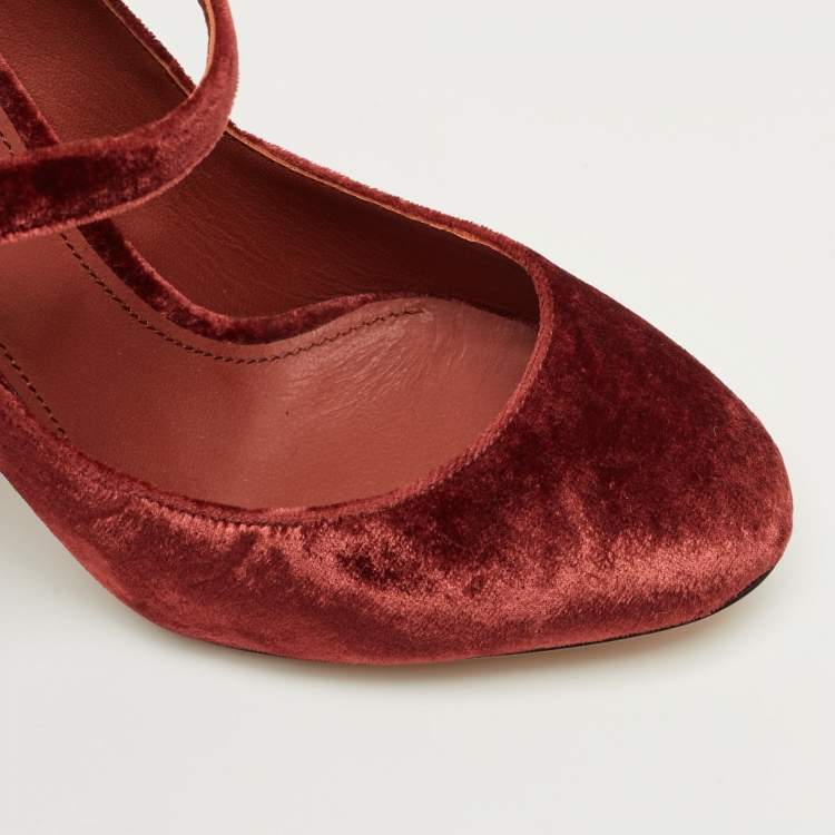 Pre Owned Dolce & Gabbana Burgundy Velvet Crystal Embellish Block Heel Pumps Size 36.5