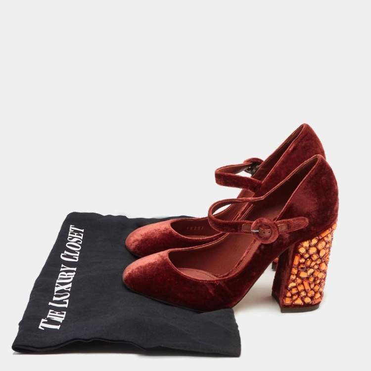 Pre Owned Dolce & Gabbana Burgundy Velvet Crystal Embellish Block Heel Pumps Size 36.5