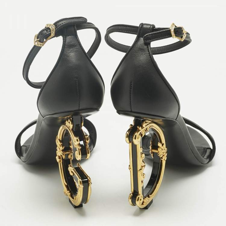Pre Owned Dolce & Gabbana Black Leather Keira DG Baroque Sandals Size 39
