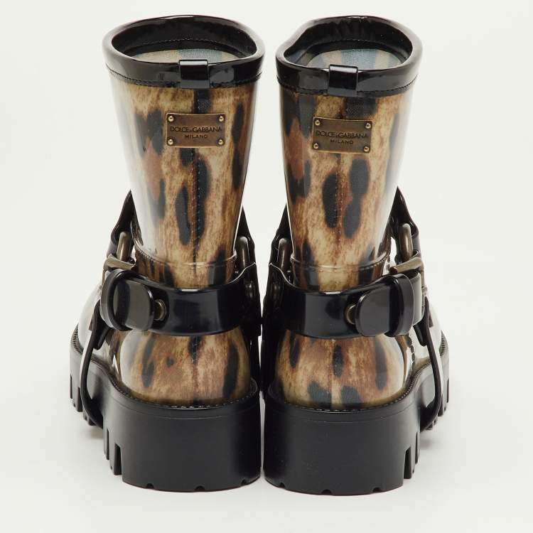 Pre Owned Dolce & Gabbana Brown/Black Leopard Print Rubber Ankle Rain Boots Size 40