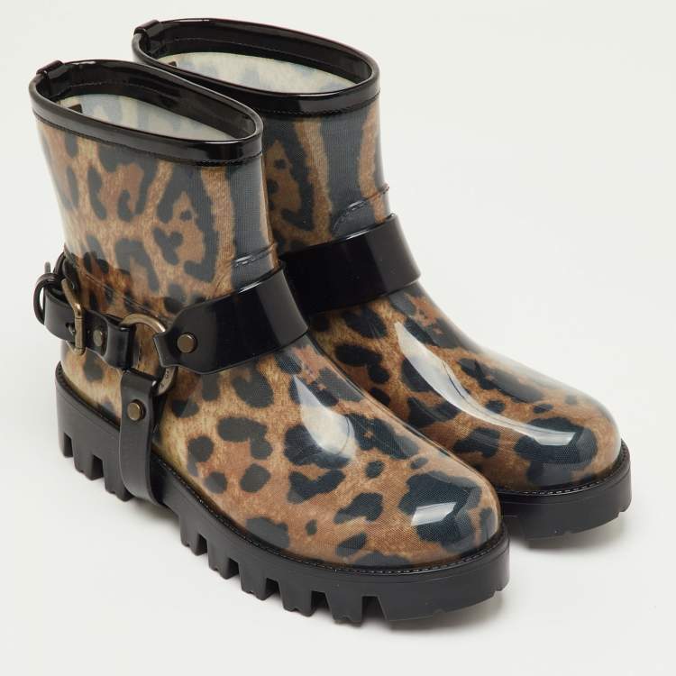 Pre Owned Dolce & Gabbana Brown/Black Leopard Print Rubber Ankle Rain Boots Size 40