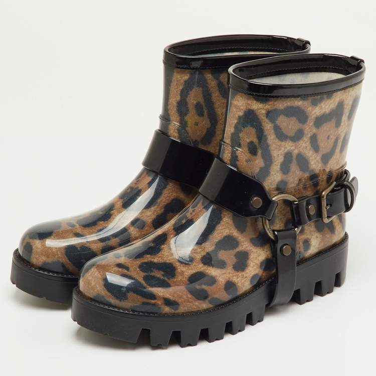 Pre Owned Dolce & Gabbana Brown/Black Leopard Print Rubber Ankle Rain Boots Size 40