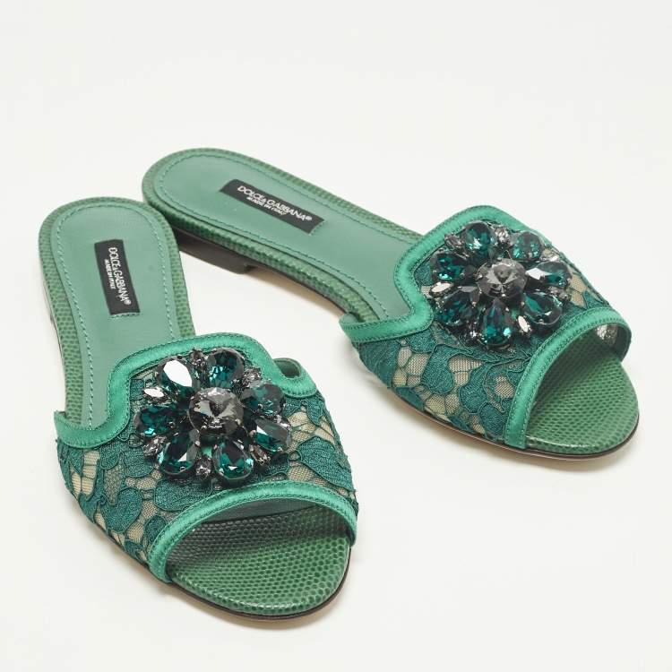 Pre Owned Dolce & Gabbana Bianca Size 36 Green Lace and Satin Flat Slide