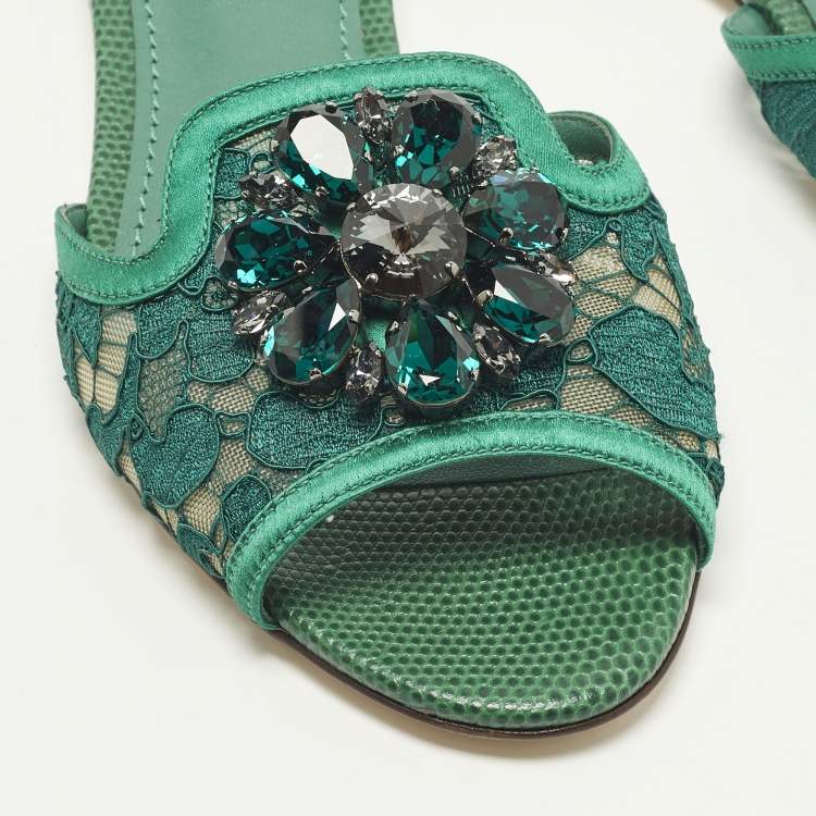 Pre Owned Dolce & Gabbana Bianca Size 36 Green Lace and Satin Flat Slide