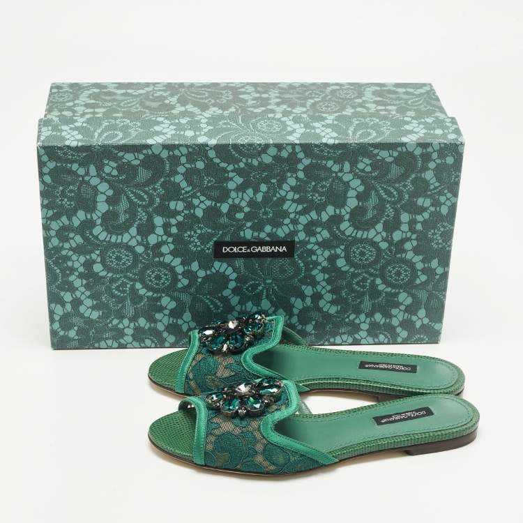 Pre Owned Dolce & Gabbana Bianca Size 36 Green Lace and Satin Flat Slide