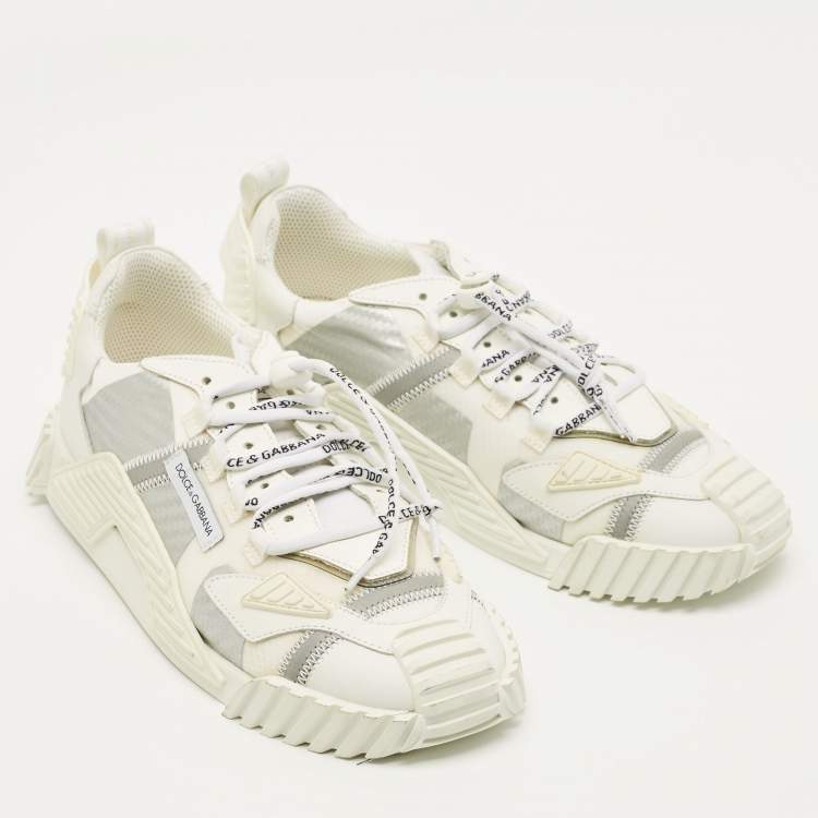 Pre Owned Dolce & Gabbana NS1 Size 37 White/Silver Fabric and Leather Low Top Sneakers
