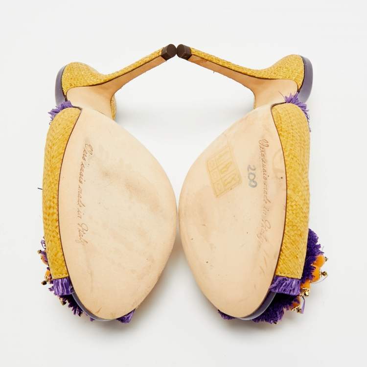 Pre Owned Dolce & Gabbana Size 36 Yellow/Purple Raffia and Straw Embellishment Mules