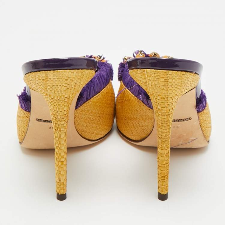 Pre Owned Dolce & Gabbana Size 36 Yellow/Purple Raffia and Straw Embellishment Mules