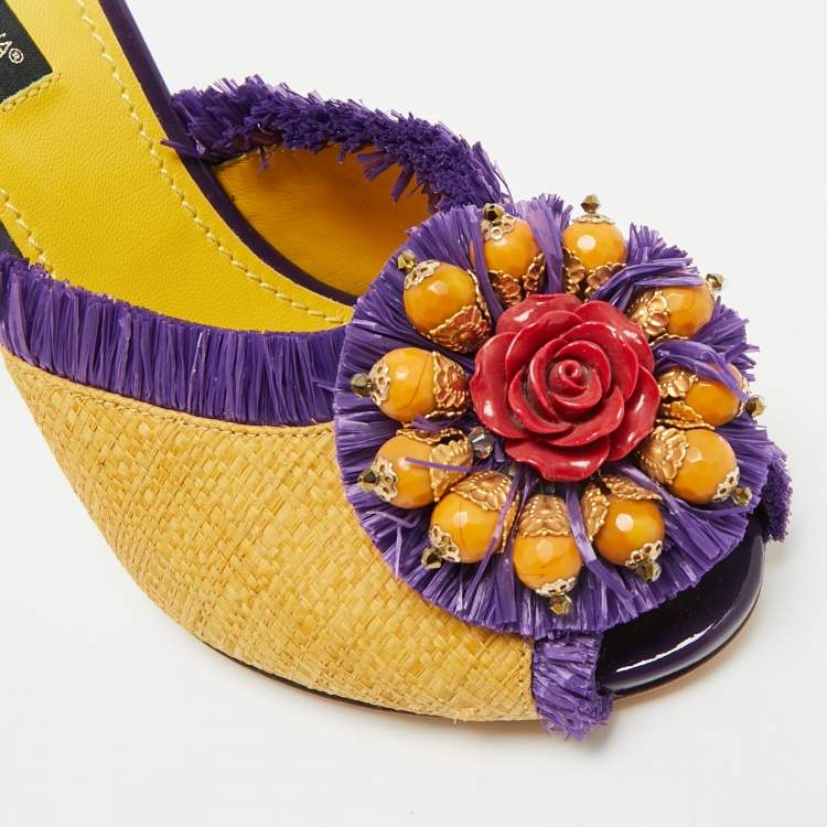 Pre Owned Dolce & Gabbana Size 36 Yellow/Purple Raffia and Straw Embellishment Mules