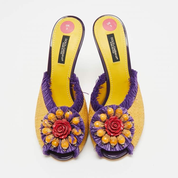 Pre Owned Dolce & Gabbana Size 36 Yellow/Purple Raffia and Straw Embellishment Mules