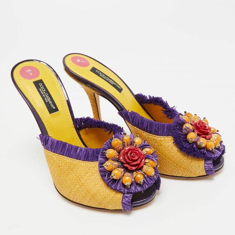 Pre Owned Dolce & Gabbana Size 36 Yellow/Purple Raffia and Straw Embellishment Mules