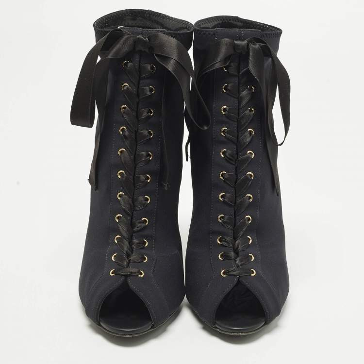 Pre Owned Dolce & Gabbana Size 38 Black Stretch Fabric Peep Toe Ankle Length Boots