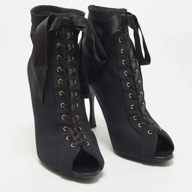 Pre Owned Dolce & Gabbana Size 38 Black Stretch Fabric Peep Toe Ankle Length Boots