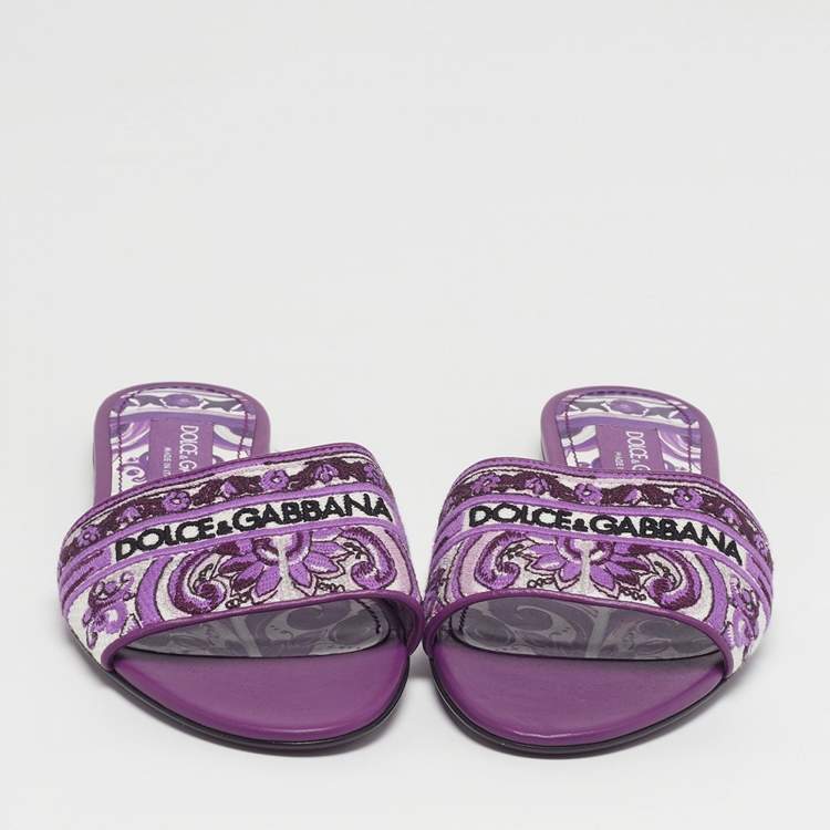 Pre Owned Dolce & Gabbana Size 37 Purple Brocade Fabric Flat Slides