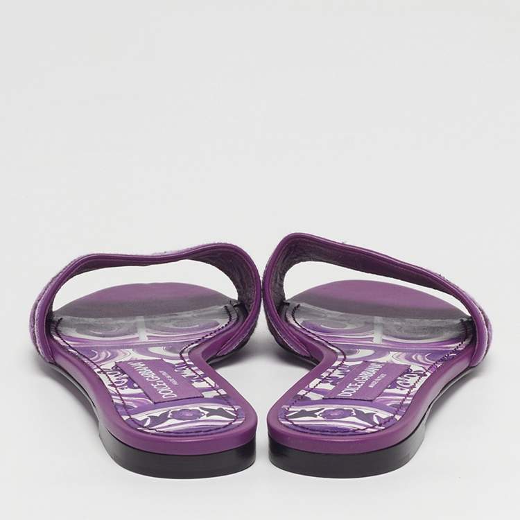 Pre Owned Dolce & Gabbana Size 37 Purple Brocade Fabric Flat Slides