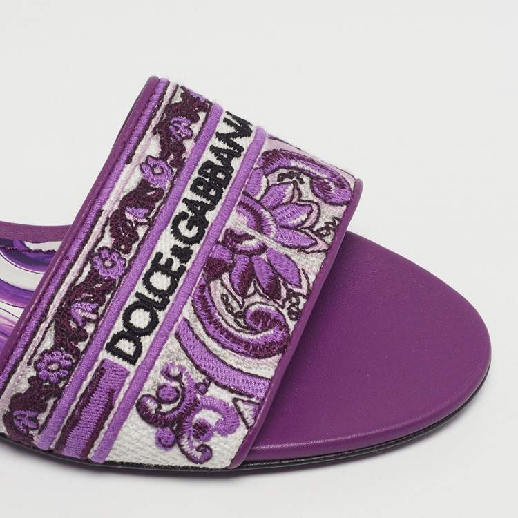 Pre Owned Dolce & Gabbana Size 37 Purple Brocade Fabric Flat Slides