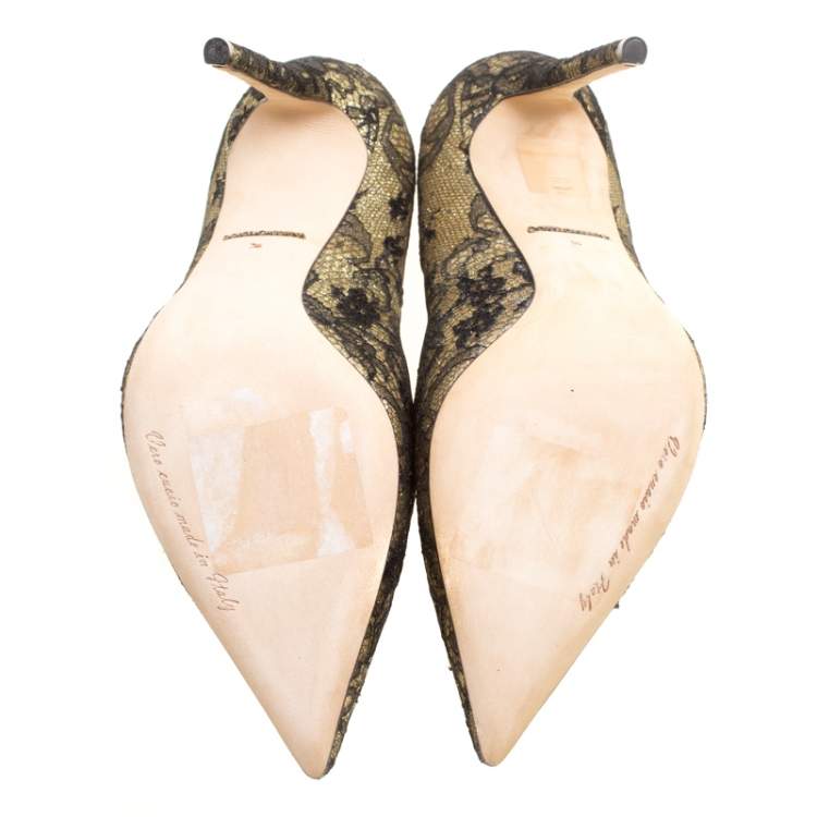 Pre Owned Dolce & Gabbana Metallic Gold Glitter and Black Chantilly Lace Pointed Toe Pumps Size 36