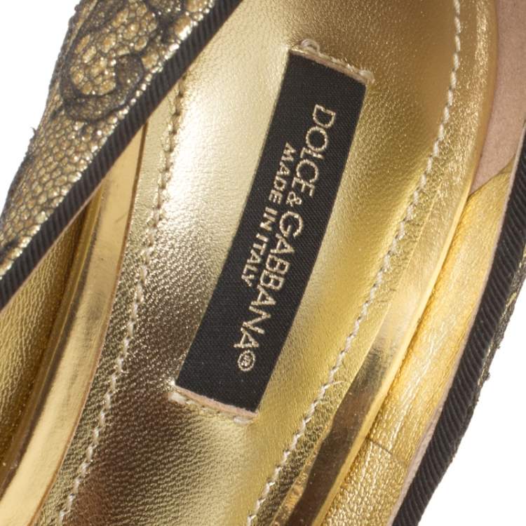 Pre Owned Dolce & Gabbana Metallic Gold Glitter and Black Chantilly Lace Pointed Toe Pumps Size 36