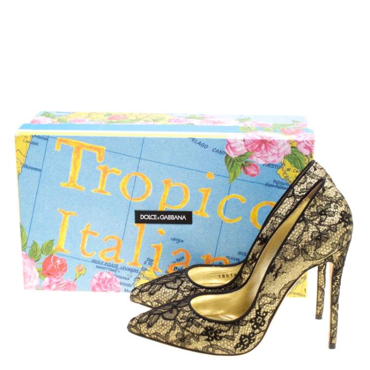 Pre Owned Dolce & Gabbana Metallic Gold Glitter and Black Chantilly Lace Pointed Toe Pumps Size 36
