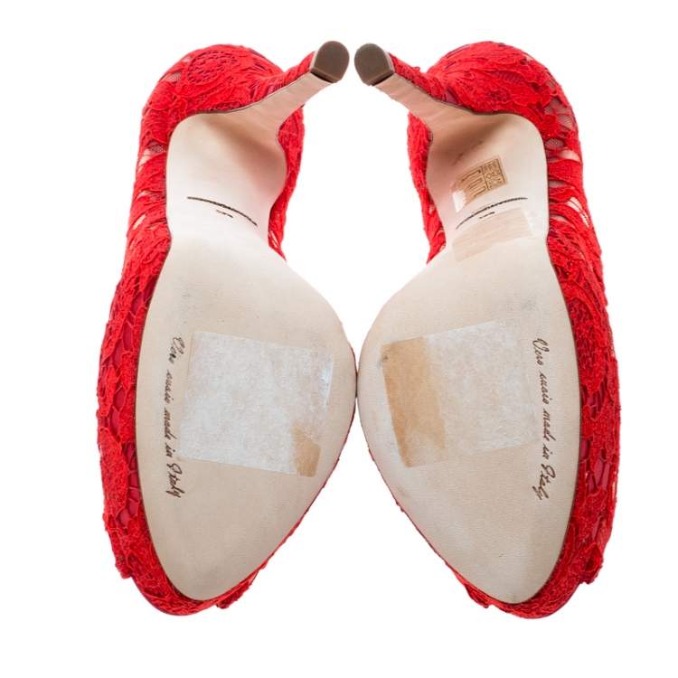 Pre Owned Dolce & Gabbana Red Lace Peep Toe Platform Pumps Size 39.5