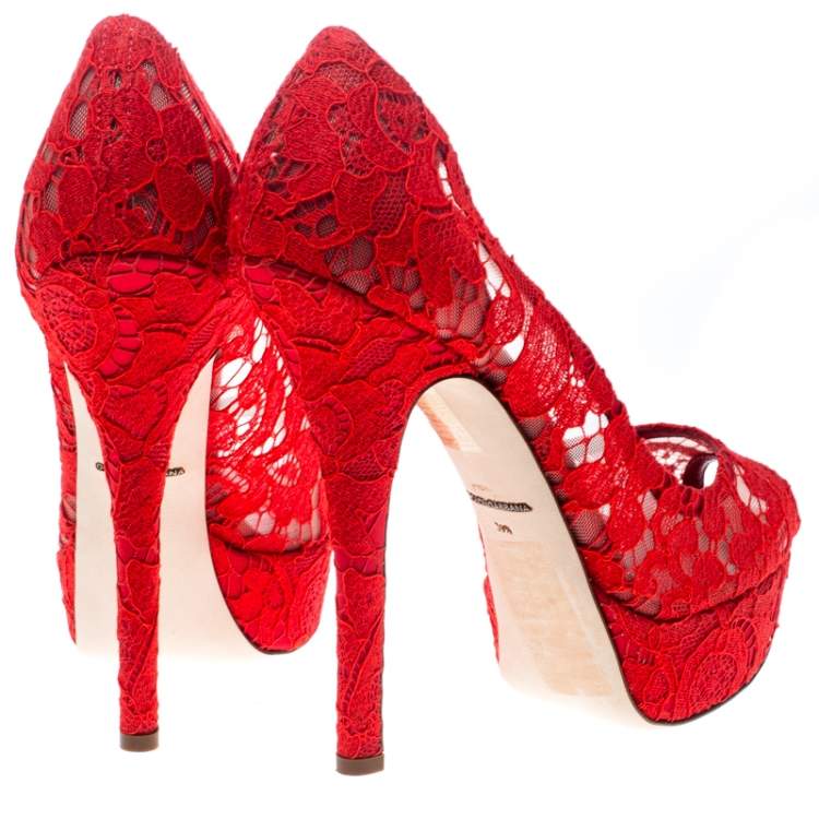 Pre Owned Dolce & Gabbana Red Lace Peep Toe Platform Pumps Size 39.5