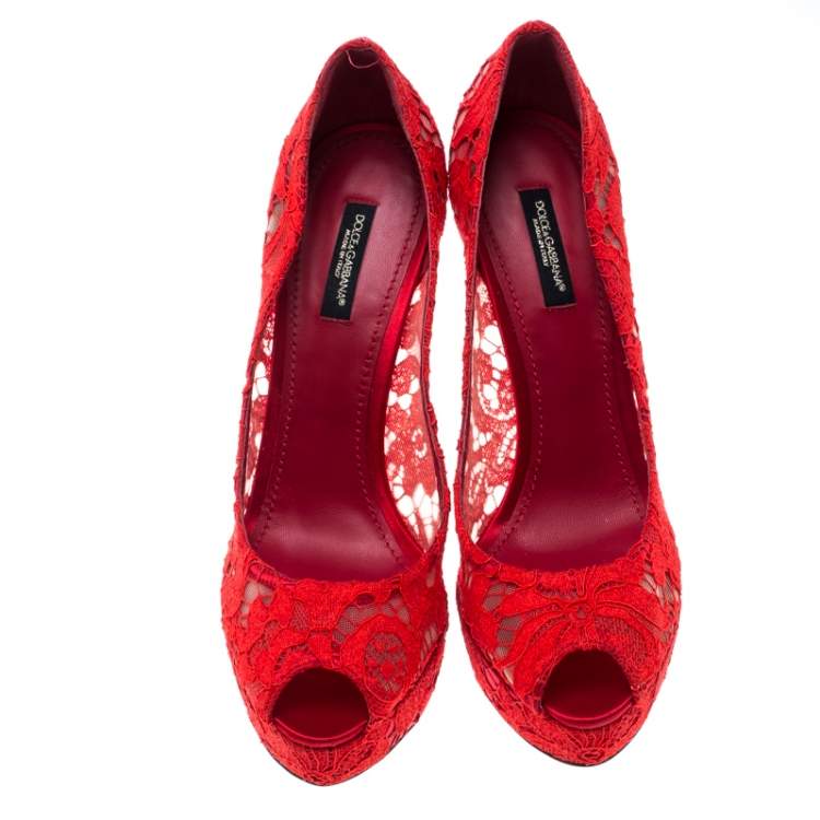 Pre Owned Dolce & Gabbana Red Lace Peep Toe Platform Pumps Size 39.5