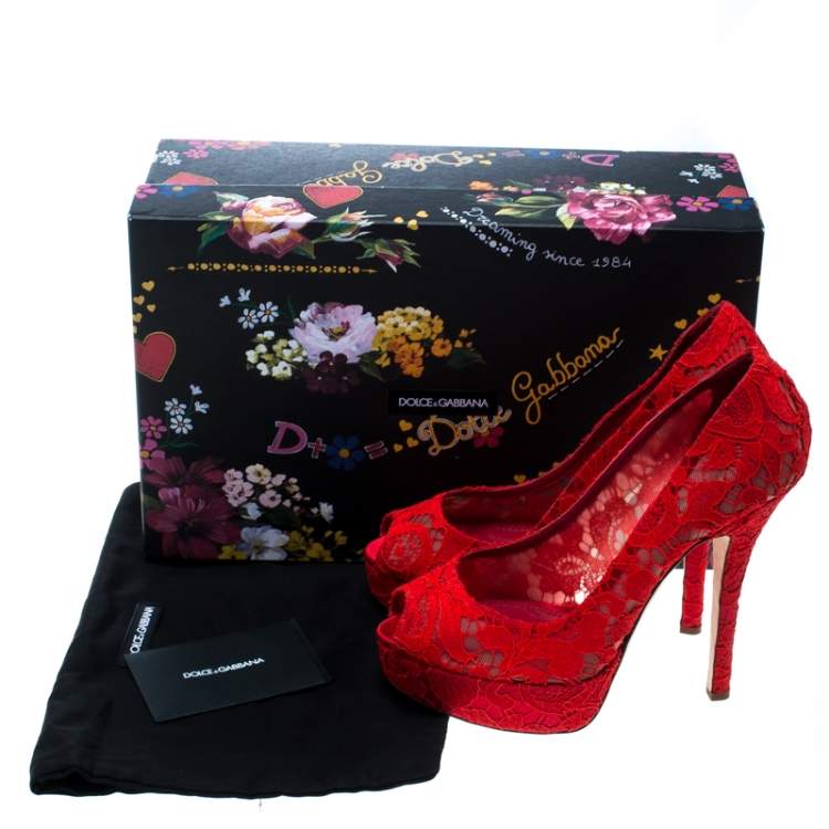 Pre Owned Dolce & Gabbana Red Lace Peep Toe Platform Pumps Size 39.5