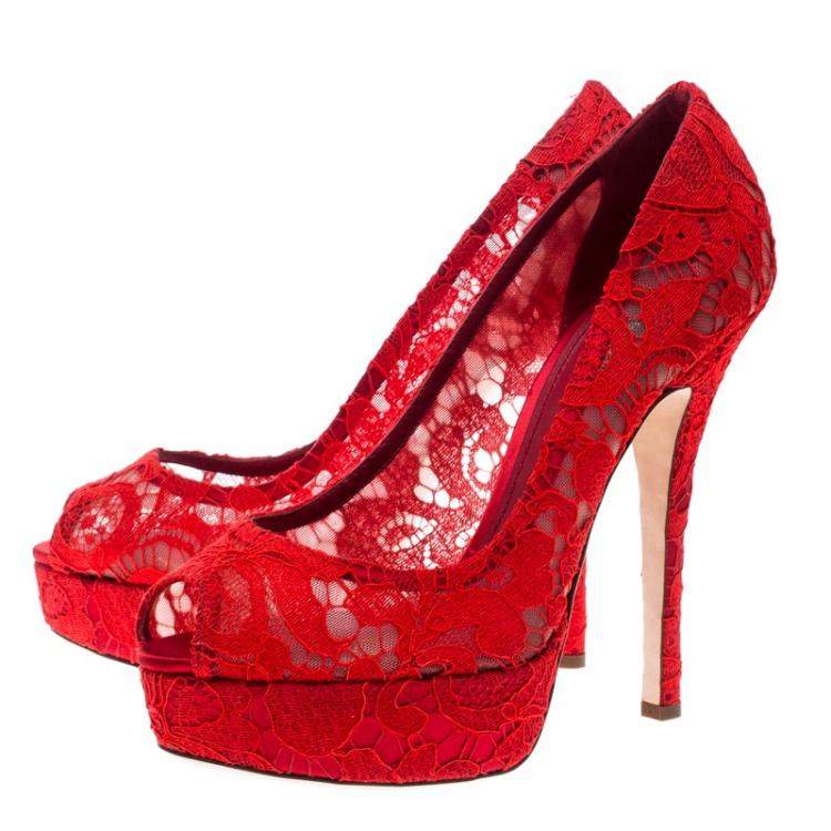 Pre Owned Dolce & Gabbana Red Lace Peep Toe Platform Pumps Size 39.5