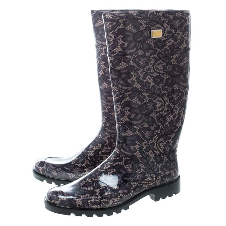 Pre Owned Dolce & Gabbana Lace Print Rubber Boots Size 41